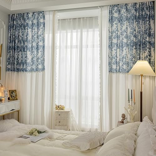 Voile Vorhänge Schlafzimmer Blau 214 Hoch, Vorhang mit Ösen Lichtdurchlässig Patchwork Blumendruck Fenster Gardinen Moderne 2er Set Ösenvorhang Polyester für Wohnzimmer, 214x107 cm (B x H)