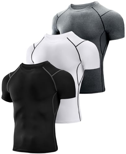Niksa 3 Pack Compression Tops for Men Short Sleeve Mens Running Top Mesh Design Quick Dry Base Layer Top for Gym Sports Fitness Workout Cycling,Training, Black White Grey,S
