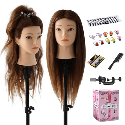Testa per parrucchieri 80% Veri Capelli Testina Parrucchiere,Manichino Cosmetologia Formazione Pratica Modello Capelli con Morsetto + DIY Accessori