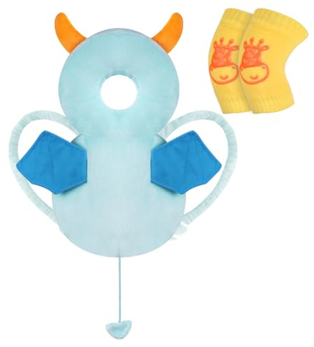 Vicloon Baby Kopfschutz, Verstellbare Schutzkissen Baby, Atmungsaktive Baby Head Schutzpolster für Kinder 4-24 Monate, Einstellbare Säugling Kissen Rucksack mit Knieschützer (Blaues Monster)