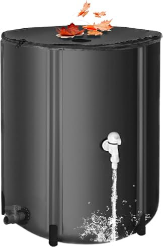 Barril de lluvia plegable resistente a los rayos UV de 13 galones con grifo de cremallera de 2 vías y varillas de soporte, sistema de recogida de agua de lluvia portátil estable
