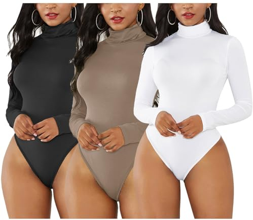 amropi Donna Body 3 Pezzi a Collo Alto Maniche Lunghe Bodysuit Casual Elegante Camicie Maglietta Intima Nero Beige Bianco,S