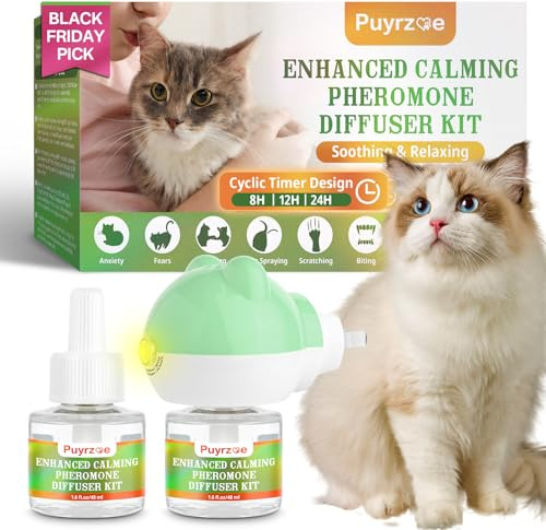 puyrzoe Cat Calming Diffuser with Three Timing Functions, 3-IN-1 Cat Pheromones Calming Diffuser Kit, 60-Day Cat Calming Plug-in Support Anxiety, Stress, and Relaxation for Cats 1 Diffuser+2 Refills