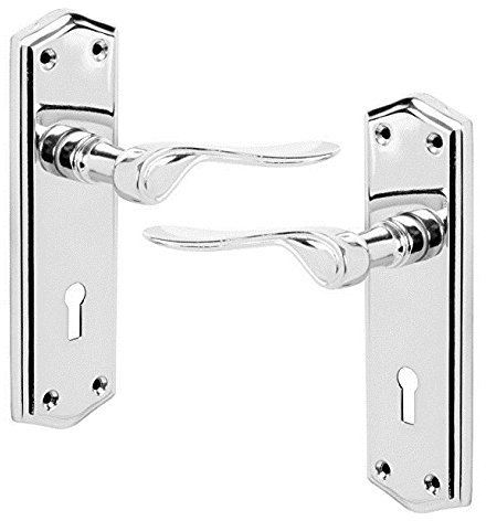KOOPLES HARDWARE Lever on Backplate Lever Lock Scroll Door Handles, Elegant Door Handle Set, Epsom Shaped on Long Backplate, Ideal for All Types of Internal Wooden Doors (Satin Chrome)