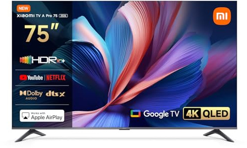 XIAOMI TV A Pro 75, 190 cm (75 Pouces), 4K UHD QLED, Smart TV, Google TV, Contrôle Vocal, HDR10+, Mode Game Boost 120Hz, MEMC, 2Go+8Go, Compatible avec Airplay & Google Cast