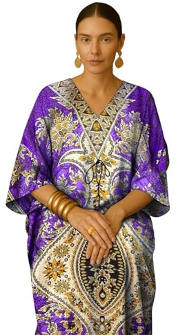 PMOYO Women Kaftan Tunic Long Kaftan, Bohemian Design Maxi Dress Kimono Style, V-Neck Drawstring Waist Casual Dress, Loungewear, Nightwear, Beach Cover Up Free Size, mumu Dress