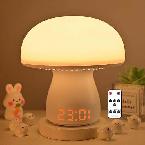 Justup Lámpara de Noche Táctil Regulable, Lámpara de Mesa LED en Forma de Seta con Pantalla de Reloj y Función de Temporización, Lámpara con Batería de 3600mAh USB Recargable, Lámpara de Mesa