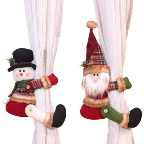 Alzapaños de cortina de felpa de Papá Noel y muñeco de nieve, soportes de poliéster suave para mejorar la decoración navideña y organizar las cortinas