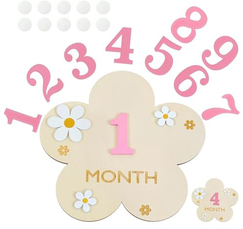 Baby Milestone Cards, Flower-shaped Baby Monthly Milestone Cards with Glue Points and Numbers, Wooden Babies Photo Props for Infants 0-12 Months Shower Growth Recording