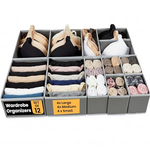 LKH Clothes Drawer Organiser Set of 12 - Foldable Wardrobe Organisers | Boxes for Clothes, Underwear, Bras & Accessories – Non-Woven, Dust-Resistant & Breathable Drawers Dividers for Wardrobe