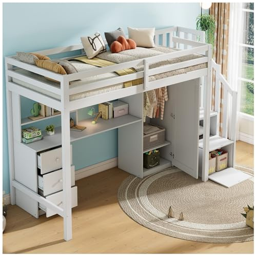 Wyibwy Einzelbett Holzbett 90x200 cm, Hochbett mit Schreibtisch und Schrank, Treppe mit Schubladen und Wandschrank, Geeignet für Jugendliche und Erwachsene, Weiß(ohne Matratze)