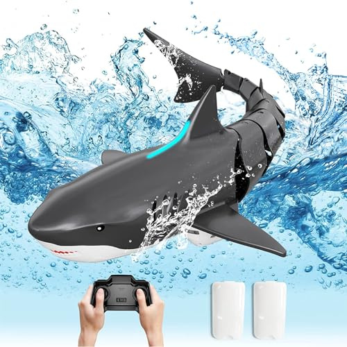 DAJASD Requin télécommandé 2,4 GHz avec lumière et deux piles, simulation de bateau radiocommandé, bateau de requin, jouet de piscine, cadeau pour adultes de 16 ans et plus