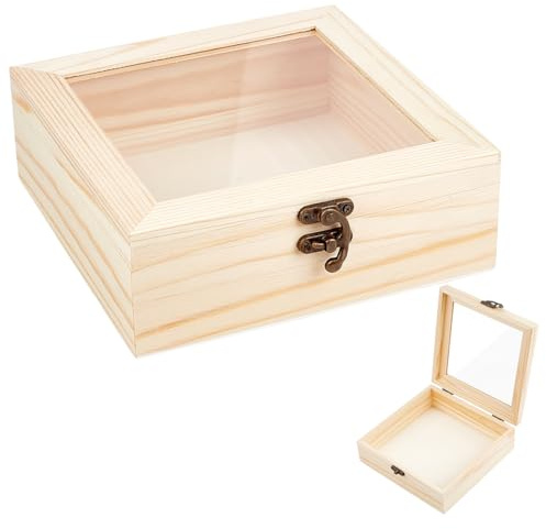 PH PandaHall Scatola di immagazzinaggio per ninnoli in legno, 18 x 18 x 6,5 cm, scatola di souvenir contenitore scatole di presentazione quadrate in legno con finestra in vetro visibile e chiusure per
