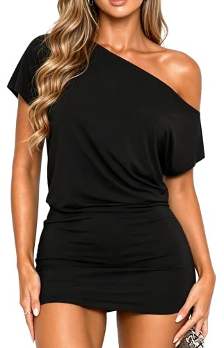Navneet Vestido Corto con Hombros Descubiertos Manga Corta de Verano | Mini vestidos, Vestido ajustado, Con cuerpo holgado, Elegante vestido de fiesta, Club, Casual