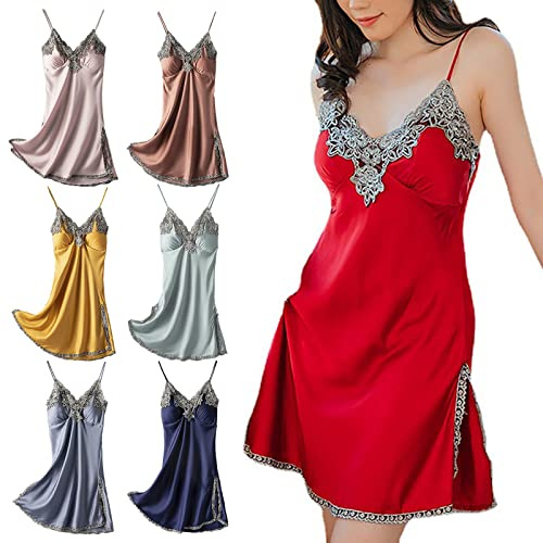 Chemises de nuit pour femme en satin, chemise de nuit en satin pour femme, soutien-gorge intégré, col en V, nuisette sexy en dentelle, vêtements de nuit à bretelles spaghetti, chemise de nuit en soie