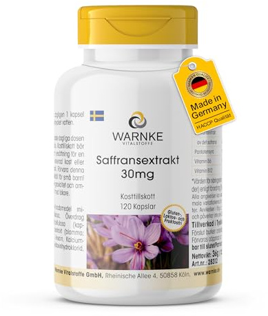 Saffransextrakt 30mg – 120 kapslar – med vitamin B5, B6 och B12 – HÖGDOSERAT – Tysk apotekskvalitet – veganskt | Warnke Vitalstoffe