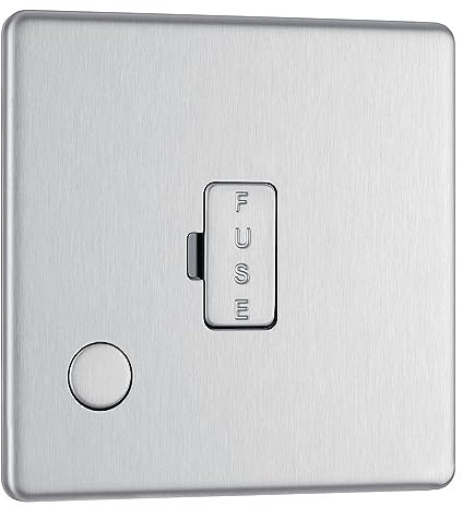 BG Electrical Unswitched Fused Spur Connection Unit with Flex Outlet, Double Pole, Screwless Front Plate, Slim Profile, Premium Flatplate, Brushed Steel, 13A, FBS55