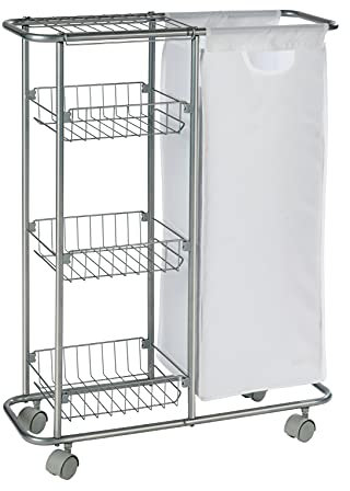 WENKO Sammelwagen Slim, 3 Etagen, extra schmaler Rollwagen mit Vier leichtgängigen Rollen, inkl. abtrennbarem Sack für PET-Flaschen oder Wäsche, 28 L, pulverbeschichtetes Metall, 58 x 80 x 20 cm