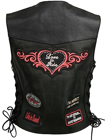 Event Leather ELL4900 Women’s 'Love to Ride' Black Leather Motorcycle Patched Embroidered Vests with Side Laces -XL