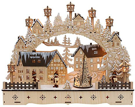 Dekohelden24 Arco de Madera con árbol de Navidad Giratorio, diseño: Niños con farolillos, Largo/Ancho/Alto Aprox. 45 x 12 x 35 cm, Funciona con Pilas o Adaptador, 35 cm