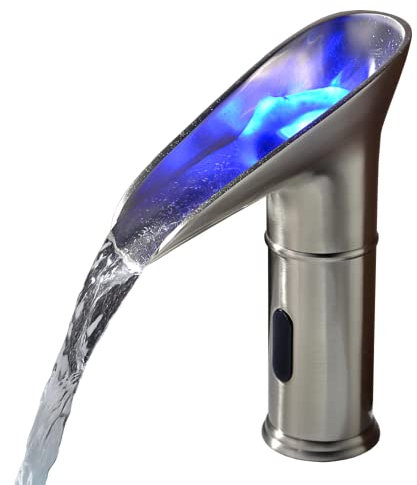 Gangang LED Wasserfall Wasserhahn mit Sensor Bad, Infrarot Automatisch Bassin Wasserhahn für Badezimmer Badarmatur, LED 3 Farbe ändert Sich mit Wassertemperatur (Messing, Gebürstet Nickel)