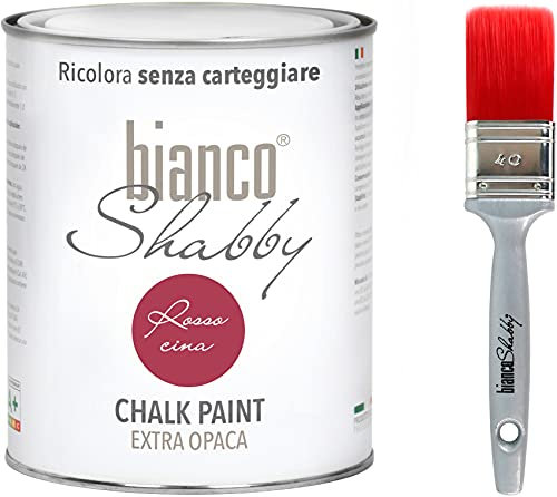 bianco Shabby Pintura a la Tiza para Todas las Superficies - 1 L Chalk Paint Rosso Cina + Brocha 40mm para Muebles de Madera - Interior & Exterior