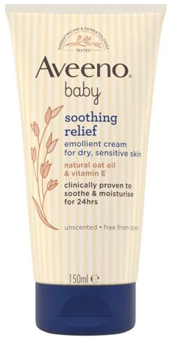 Aveeno Baby Soothing Relief Emollient Cream (1x 150ml), Unscented Baby Cream with Natural Oil & Vitamin E, Soothes and Moisturises for 24 Hours, for Dry, Sensitive Skin Prone to Irritation