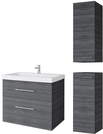 Planetmöbel Badmöbel Set Waschtisch mit Unterschrank 63 x 60 x 36,5 cm, inkl. 2X Midischrank, moderner Waschbeckenunterschrank für Badezimmer, Gäste Bad & WC, Anthrazit