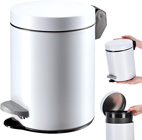 KADAX Pattumiera a pedale con capacità in acciaio, secchio per cosmetici, secchio rotondo, elegante per bagno e cucina, secchio con coperchio basculante (5 l/bianco)
