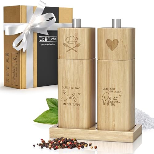 ELBFUCHS® Salz und Pfeffermühle Holz Groß [PERFEKTE GESCHENKIDEE] Liebevolles 2-er Set Pfeffer und Salzmühle mit Keramikmahlwerk | Ideal für Hölzerne Hochzeit Geschenk Einzug, Polterabend