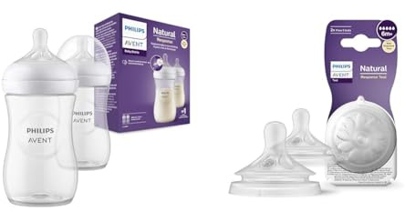 Philips Avent Natural Response-nappflaska – 2 x 260 ml, 1+ månader (modell SCY903/02) & Philips Avent Natural Response-flasknapp – 2 x nappar med flöde 5 för barn 6+ månader, (modell SCY965/02)