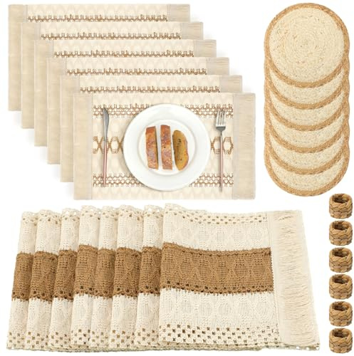 Xuhal 19 Pcs Boho Table Runner Placemat and Napkin Ring Set 11.8 x 106.3'' Woven Macrame Table Runner with Tassel Natural Burlap Round Rectangle Mat Farmhouse Decoration for Christmas Wedding Dinner