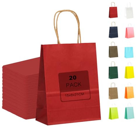 MORAINJAY 20 Stück Geschenktüten mit Henkel,Kraftpapiertüten,15x8x21cm Rot Papiertüten für Geschenkverpackung,Gastgeschenke Tüten für Einkaufen,Hochzeiten,Verpackungen,Kindergeburtstag
