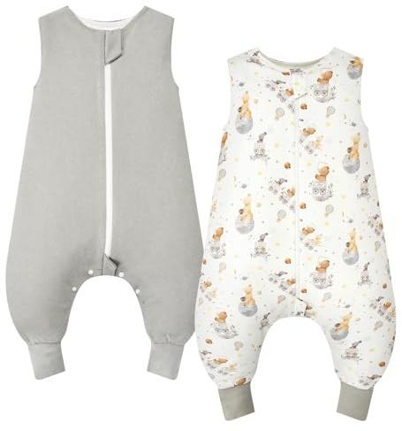 WYTbaby 2 Pack Saco de Dormir con Pies 1.0 Tog 100% Algodón Saco Dormir Bebe para Niños y Niñas, Fantasía Oso + Gris