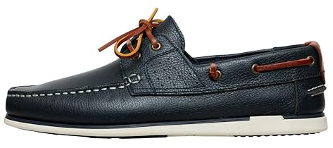 Chaussures bateau en cuir véritable pour homme Mocassins plats avec lacets en cuir en bleu foncé et marron 2 Eye Boat Shoes, bleu foncé, 42 EU Étroit