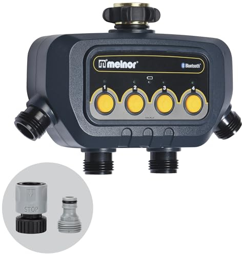 Melnor 65184AMZ Bluetooth vattentimer med 4-zonskontroll, 12 programmerbara starttider, vattningsfördröjning, manuellt läge, väderbeständig, 2-delat snabbanslutningspaket, svart, gul