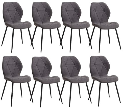 DEYARNA HOME Set med 8 moderna matstolar, vadderade köksstolar, linnematrumsstol med svarta metallben för matsal, kök, vardagsrum (mörkgrå, diamantstruktur)