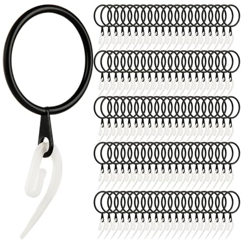 YOUNTHYE 100Pcs Curtain Rings and Hooks, 30mm Internal Diameter Black Curtain Rings Metal Pole Rings Hanging Rings for Drapery, Shower Curtains Poles and Rods