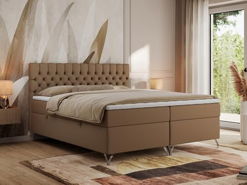 MKS MEBLE Boxspringbett 200x200, Bett mit Matratze H4, Boxspringbett mit Bettkasten und Topper, Polsterbett mit Füße - GRIMALDI - 200x200 - Braun Kunstleder - H3