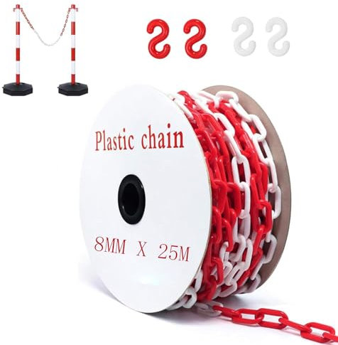 Cadena de seguridad de plástico de 25 m, color rojo y blanco, 8 mm, con 4 ganchos en S, cadena de advertencia de seguridad de plástico para la obra, aparcamiento y mantenimiento de pedidos