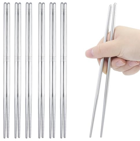 6 paia di bacchette in metallo,Bacchette argentate in acciaio inox,Bacchette riutilizzabili in metallo, bacchette multifunzione per uso quotidiano alimentare