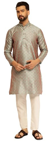Sojanya (Desde 1958 - Kurta de seda jacquard para hombre, diseño tejido de hilo rojo con pijama)