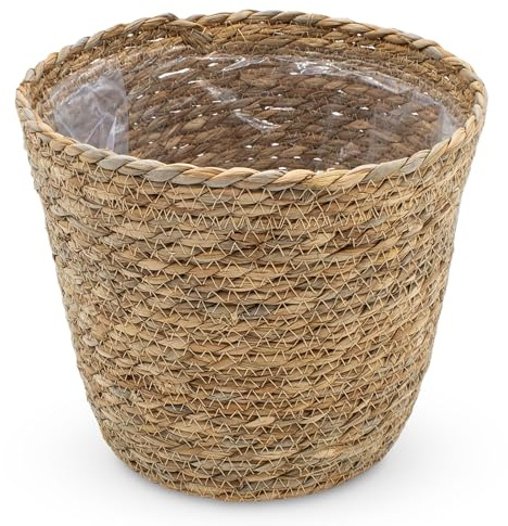 Sjögräs växtkruka natur med folie – 26 x 22 cm – naturfiber blomkruka för direkt plantering – trädgårdsdekoration vide, växtkorg, blomkorg, växtskål lantställe rustik