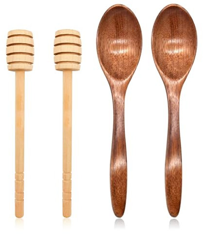 Cuillère à Miel 4 Pièces, 2 Cuillères en Bois 18cm et 2 Trempettes de Miel 15cm, Ensemble de Cuillères à Miel en Bois pour la Distribution de Pots de Miel et l'utilisation de la Cuisine