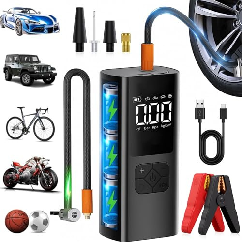 Tire Inflator Portable Air Compressor with Jump Starter, 150PSI & 8000mAh Car Battery Jump Starter with Tire Pressure Gauge & LED Light, Cordless Air Pump for Car Tires, Motorcycle, Bike, Balls
