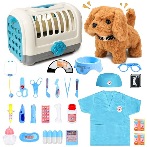 UBeesize Ensemble de 31 pièces de valise médicale pour enfants avec chien électrique jouet qui marche et aboie, chien interactif avec véritable stéthoscope, thermomètre pour jouet de vétérinaire