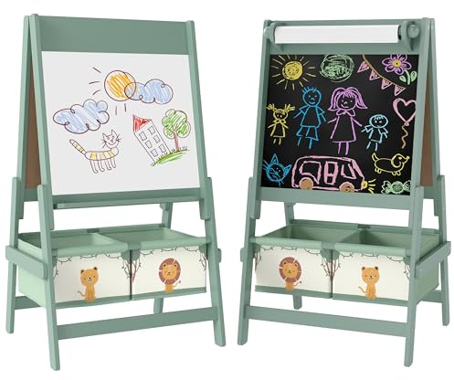 AIYAPLAY Lavagna per Bambini 3 in 1 con Rotolo di Carta e 2 Cestelli Portaoggetti, Lavagna con Cavalletto in Legno di Pino e MDF, 54x46x94 cm, Verde