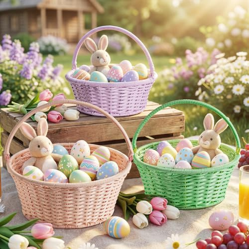 Lanpn Set 3 Cestini Pasqua in Rattan Intrecciato Grande, Medio e Piccolo, Impermeabili, per Caccia alle Uova, Caramelle, Picnic e Decorazioni Primavera Pastello (Rosa, Verde, Viola)