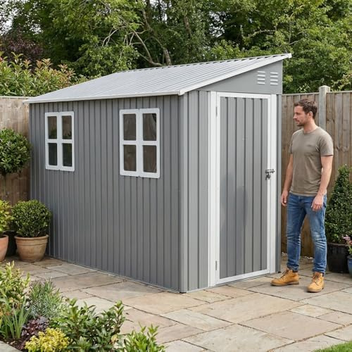 Cobertizo de metal de 4 x 10 pies (1,2 x 3 m) con kit de suelo y diseño de apoyo, cobertizo con cerradura con 2 ventanas, resistente a la intemperie y ahorra espacio para bicicletas, herramientas de