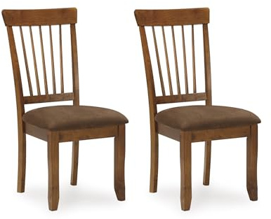 Signature Design by Ashley Berringer | Spindle Back 18 Dining Chairs (Set of 2) – Rustic Light Brown with Upholstered Cushioned Seat